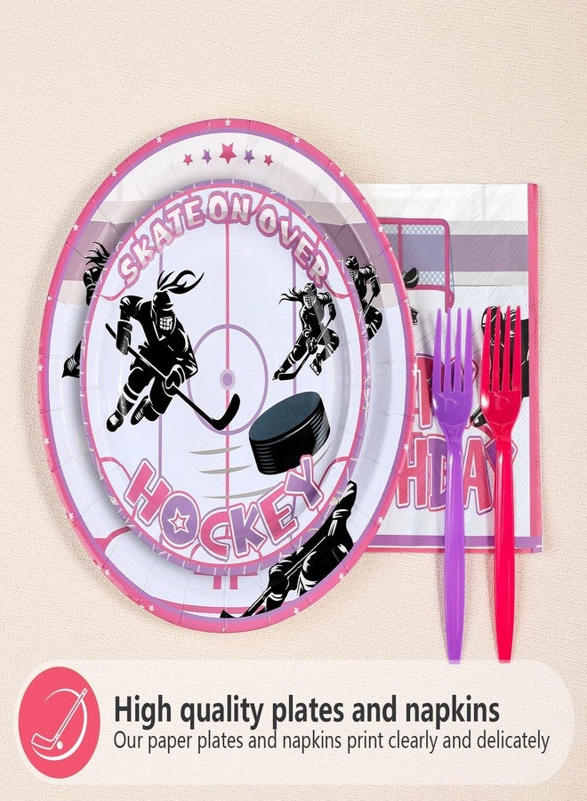 Greencian 96Pcs Pink Hockey Birthday Party Supplies Pink Ice Hockey Ball Birthday Party Plates and Napkins Tableware Set for Girls Kid's Fans Gameday Sports Themed Party Decorations Serves 24 - Image 2